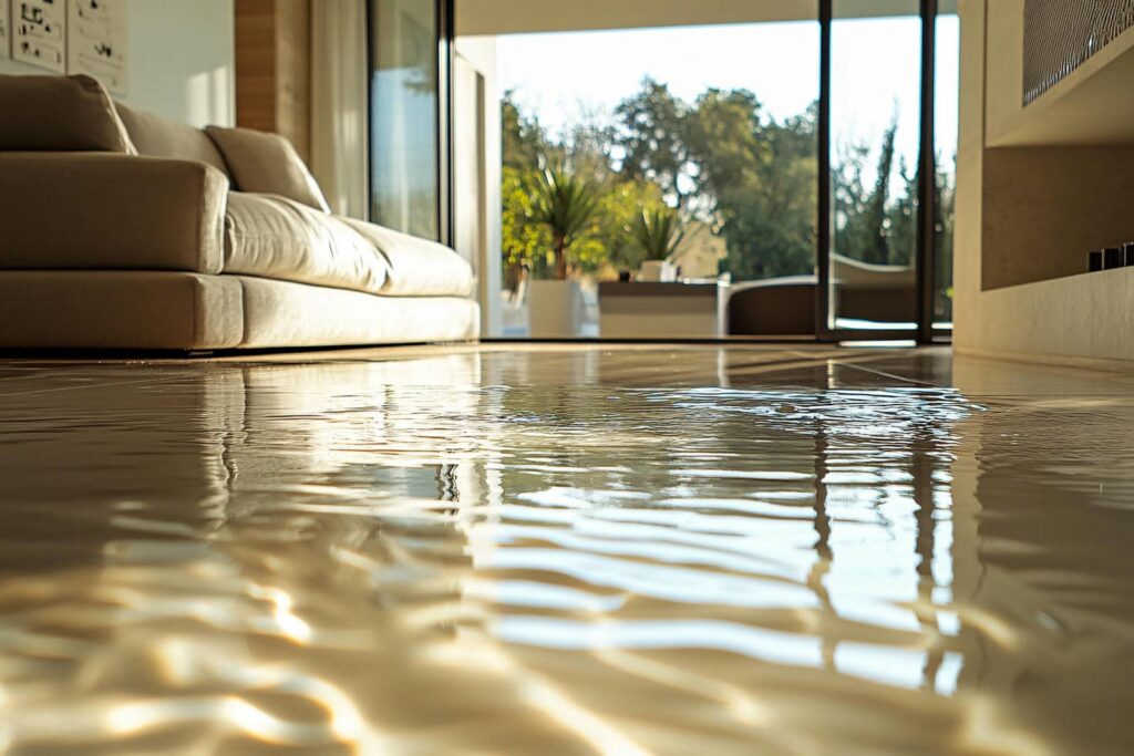 Water flooding the floor of a living room with a beige sofa and large glass doors.